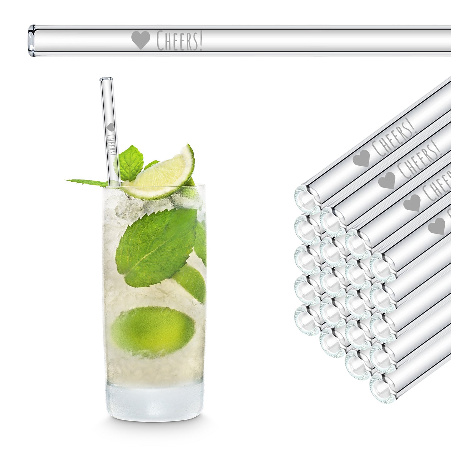Cheers! 50x engraved glass straws - gift for wedding guests