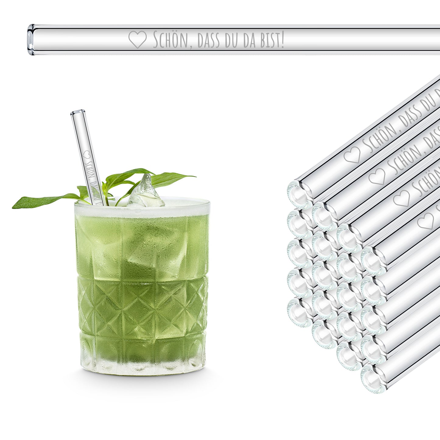 Schön, dass du da bist - gravierte Glasstrohhalme als Geschenk
