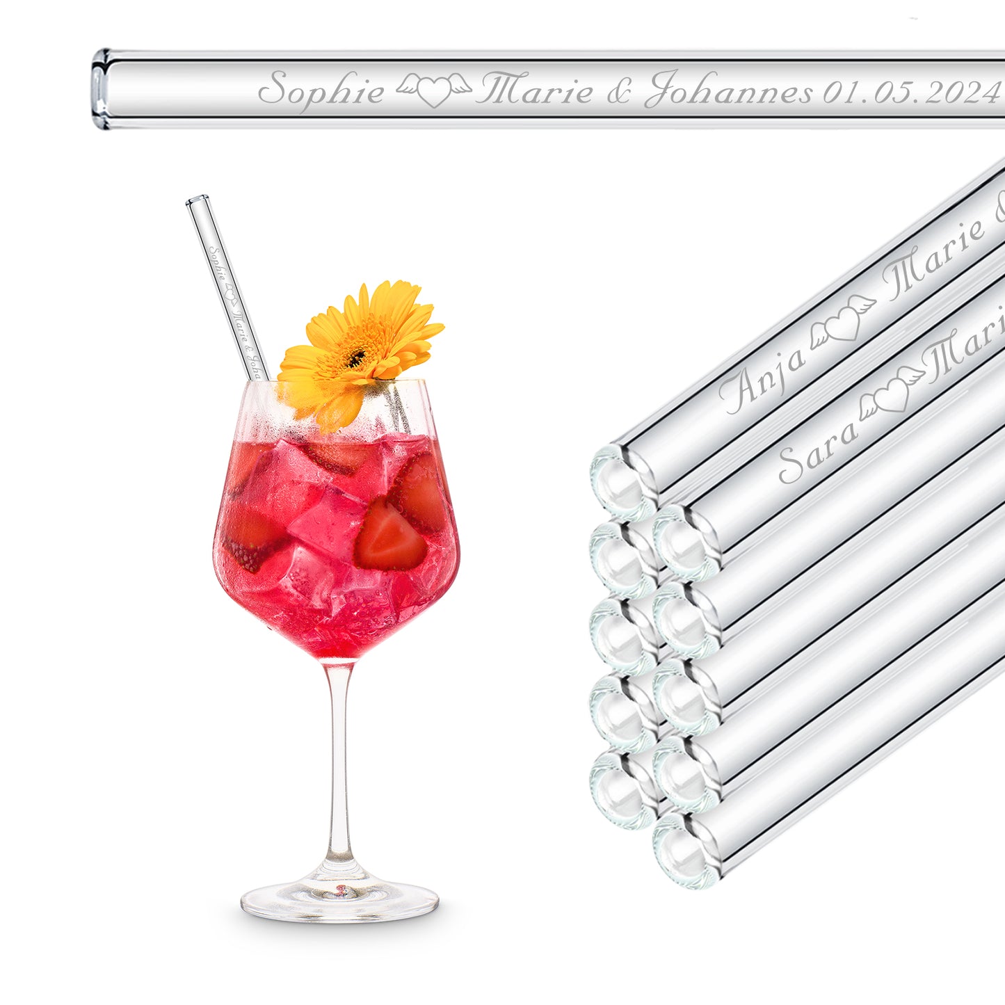 Personalized Wedding Favors - 10x Engraved Glass Straws with Guest Names