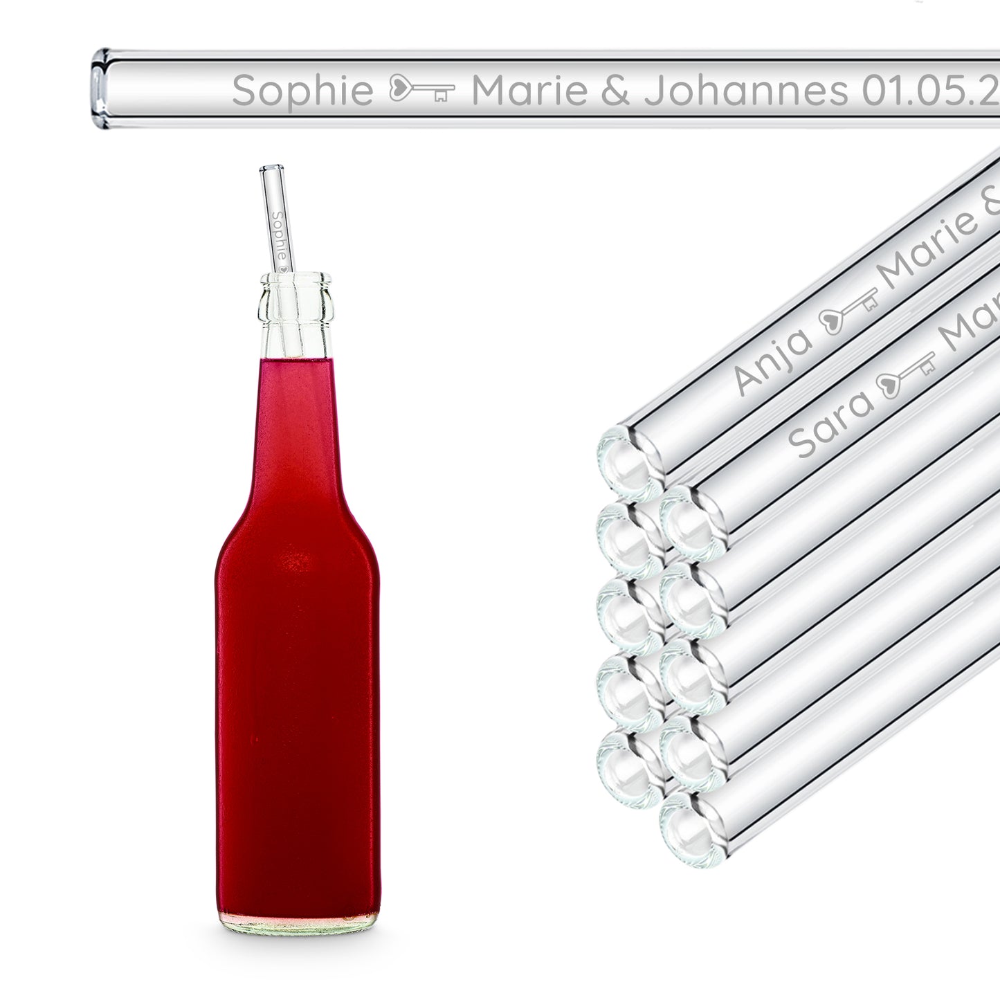 Personalized Wedding Favors - 10x Engraved Glass Straws with Guest Names