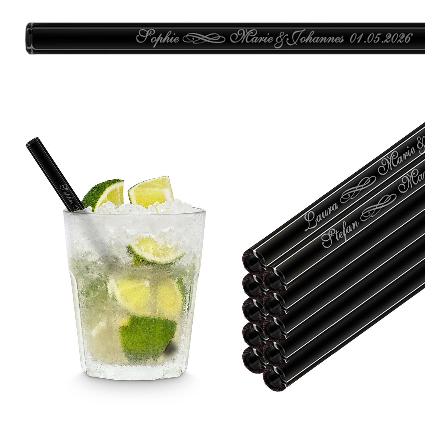 Personalized Wedding Favors - 10x Engraved Glass Straws with Guest Names
