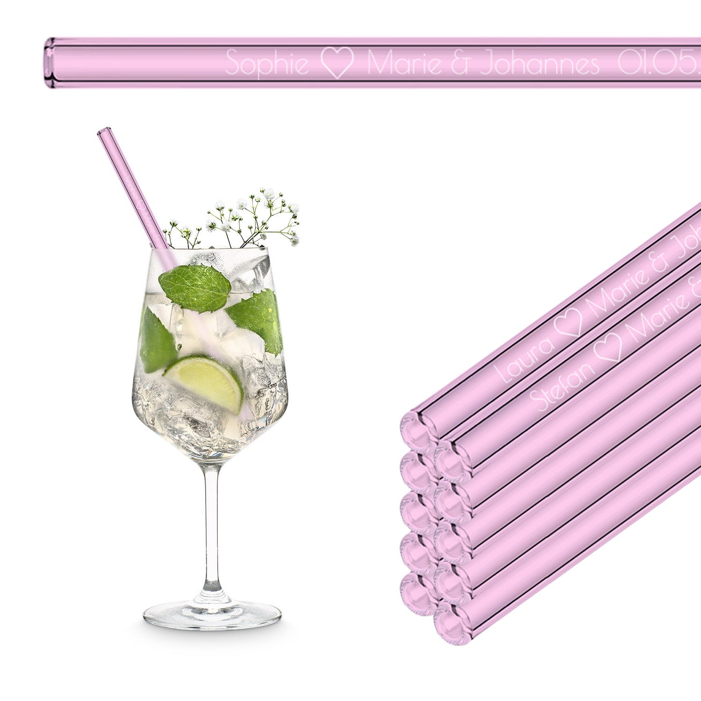 Personalized Wedding Favors - 10x Engraved Glass Straws with Guest Names