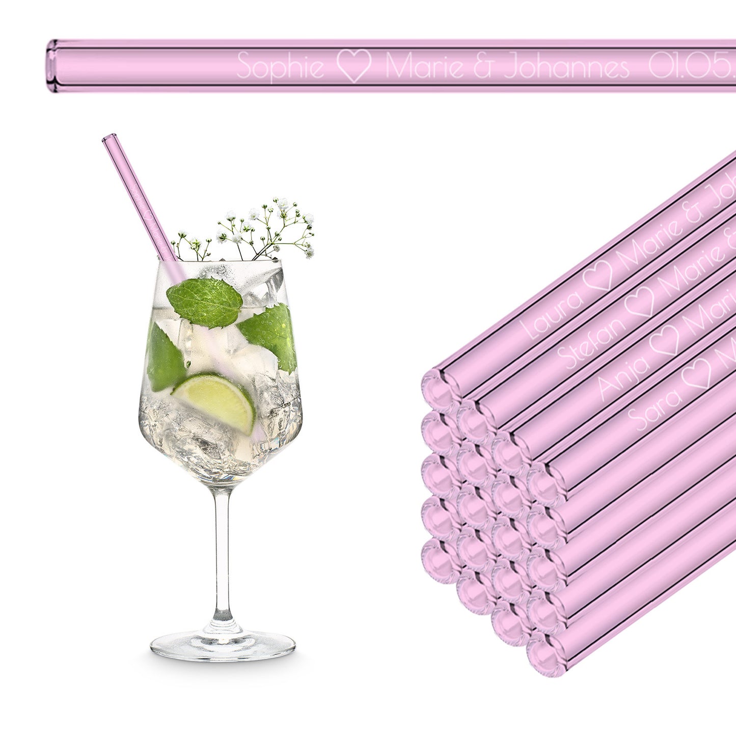 Personalisierte Glasstrohhalme mit Gastnamen – stilvolle Gastgeschenke für eure Hochzeit