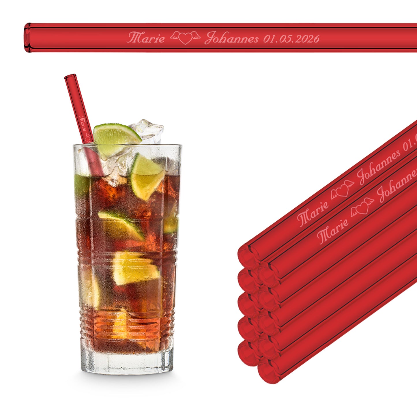 Personalized Wedding Favors - 10x Engraved Glass Straws with Guest Names