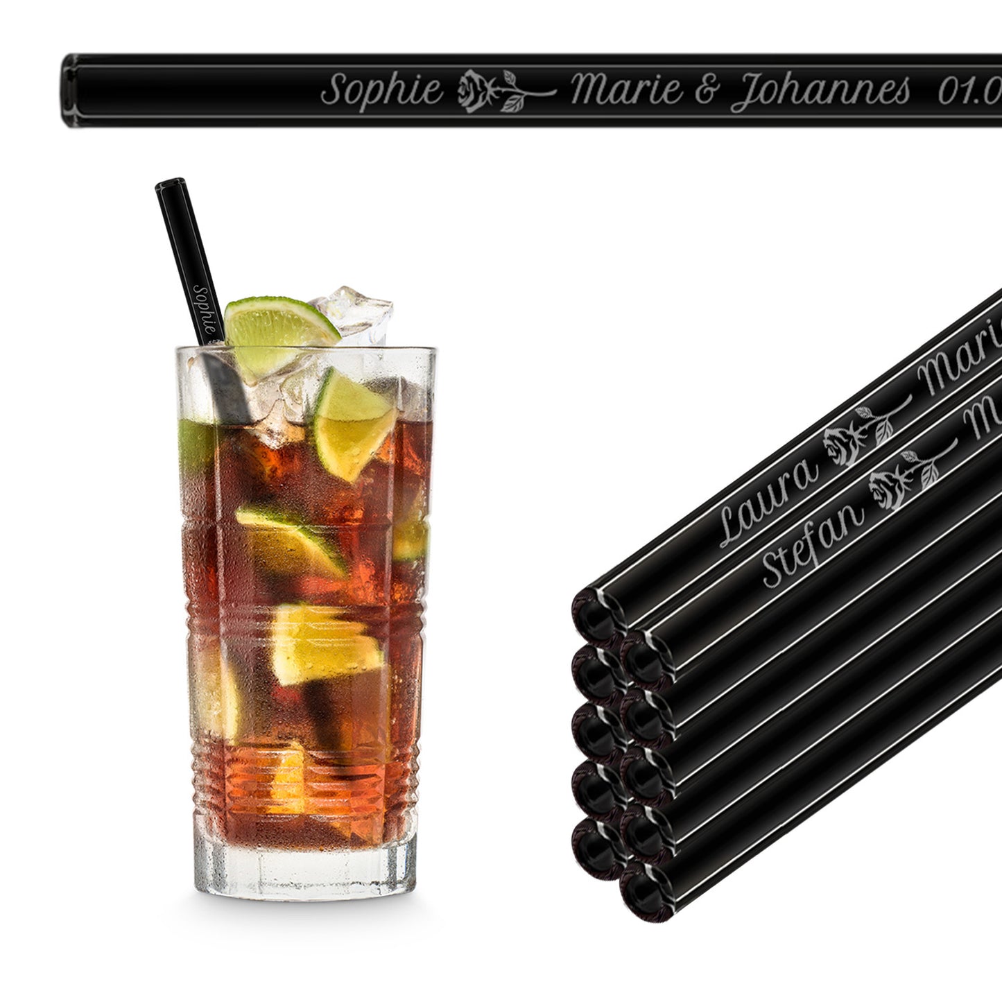 Personalized Wedding Favors - 10x Engraved Glass Straws with Guest Names