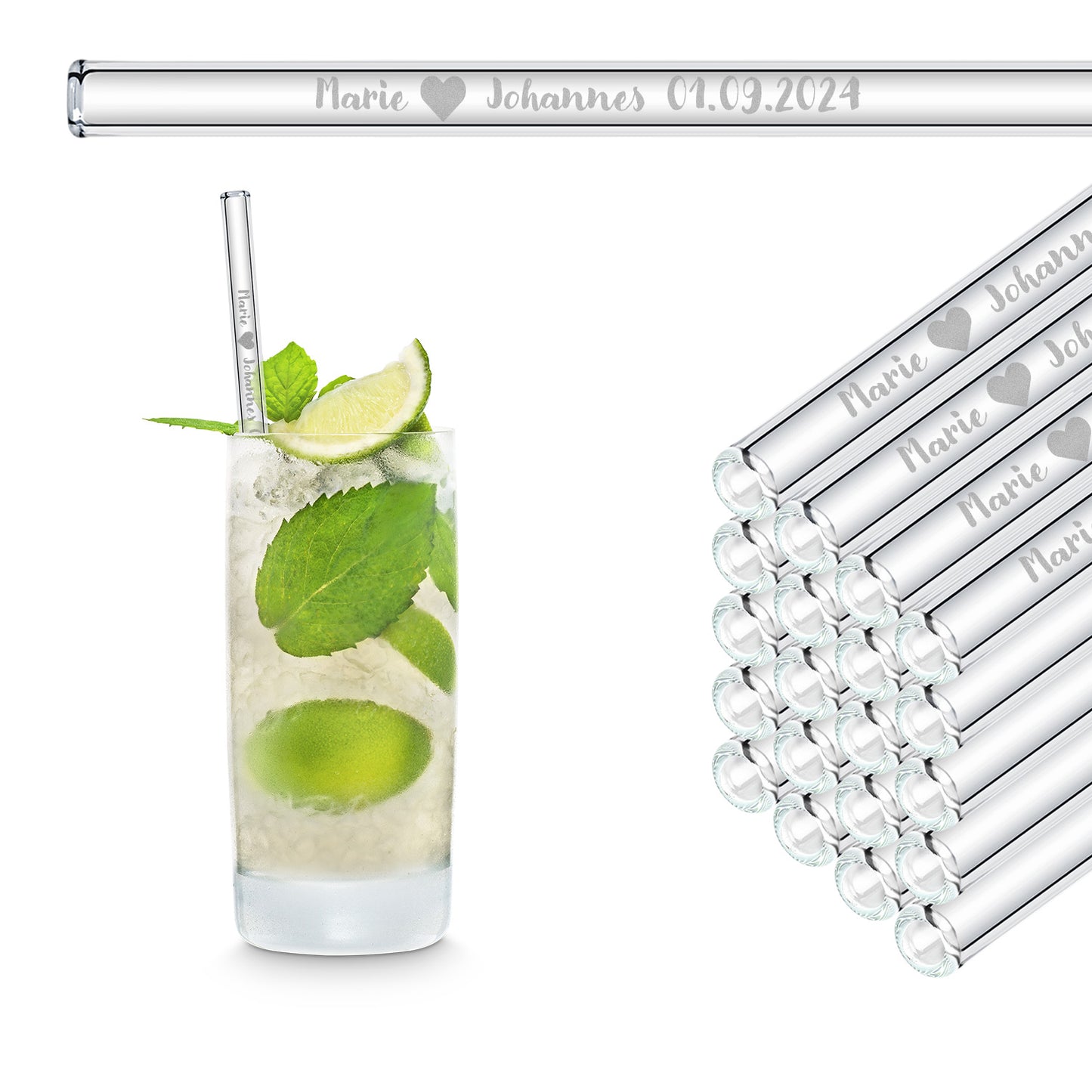 50x engraved glass straws with bride and groom wedding date personalized wedding favors