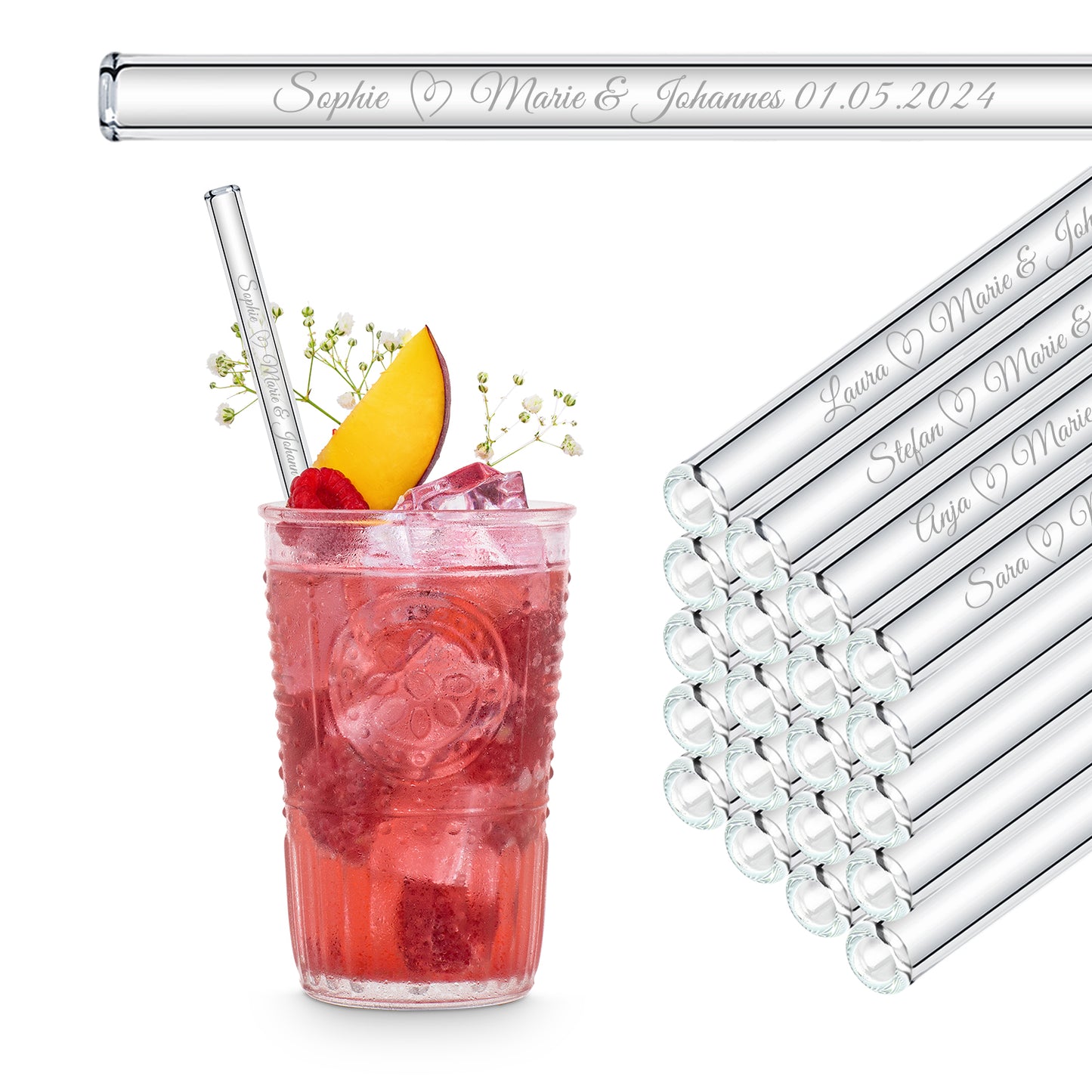 Personalisierte Glasstrohhalme mit Gastnamen – stilvolle Gastgeschenke für eure Hochzeit