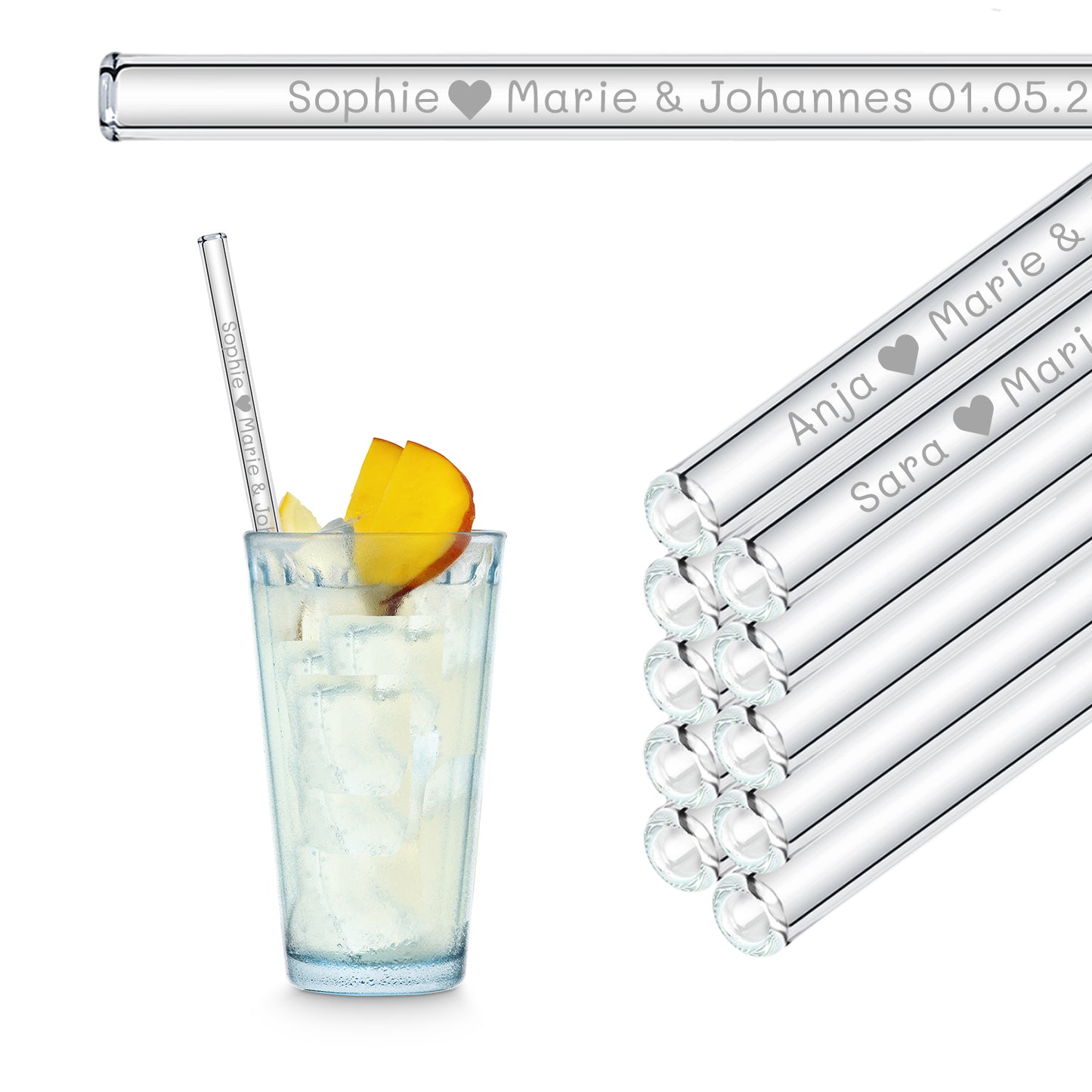 Personalized Wedding Favors - 10x Engraved Glass Straws with Guest Names