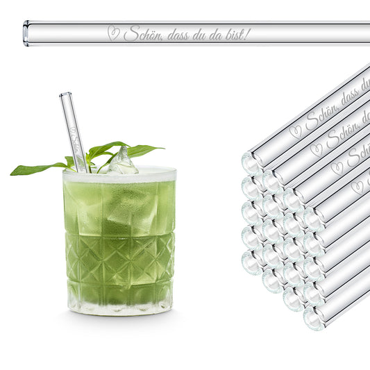 Nice that you're here! Saying engraved glass straws as a guest gift for wedding guests