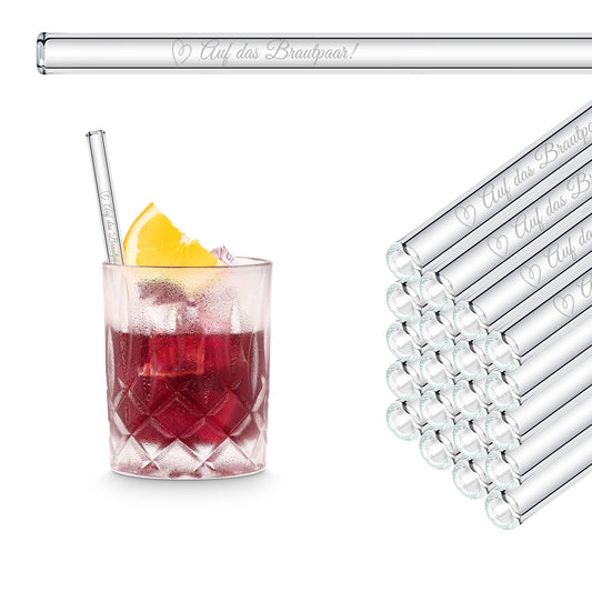 Here’s to the bride and groom! Engraved glass straws - saying guest gift for wedding guests
