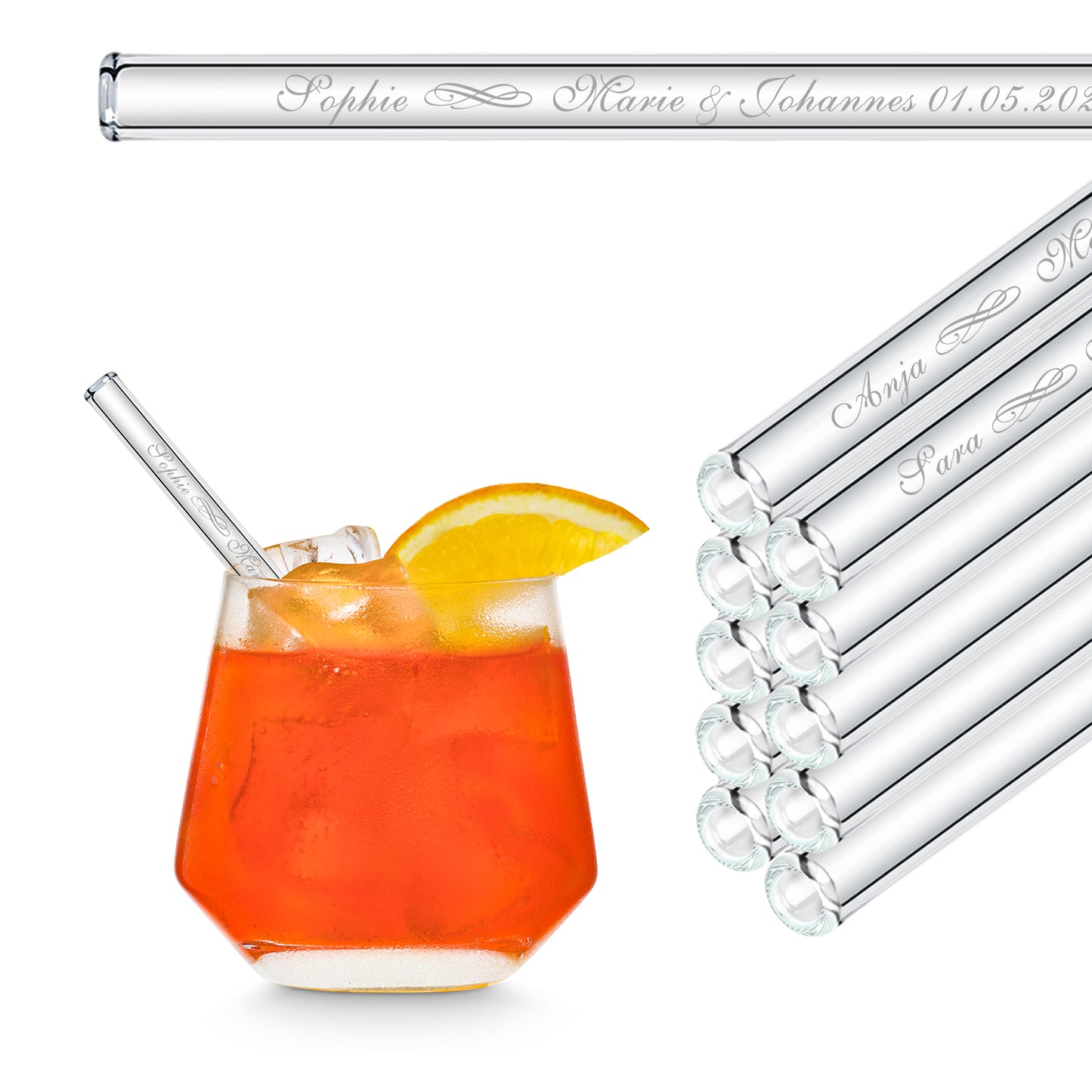 Personalized Wedding Favors - 50x Engraved Glass Straws with Guest Names