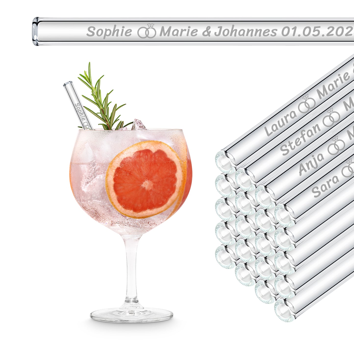 10x Gravierte Glasstrohhalme mit Gastnamen personalisiert Gastgeschenke Hochzeit