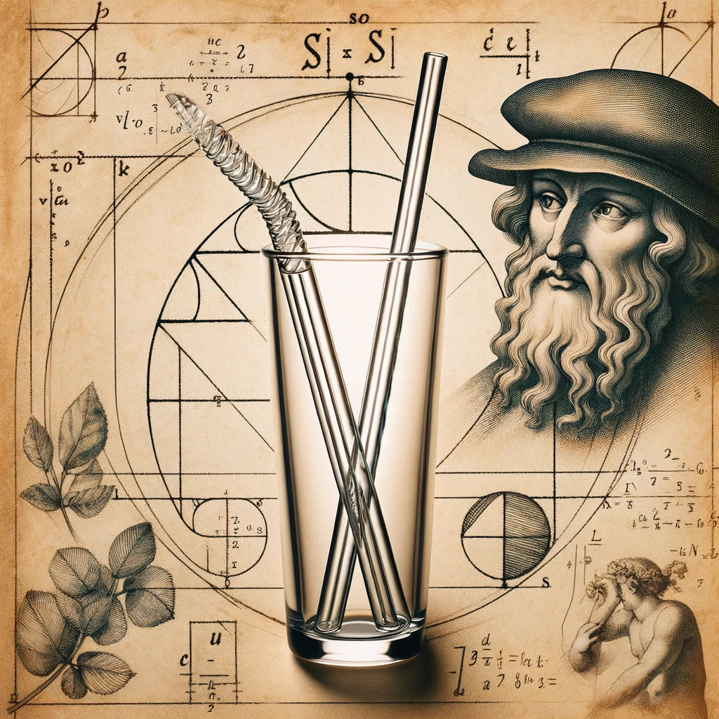 Glasstrohhalm in einem Glas vor einem Hintergrund mit Da Vincis Skizzen.