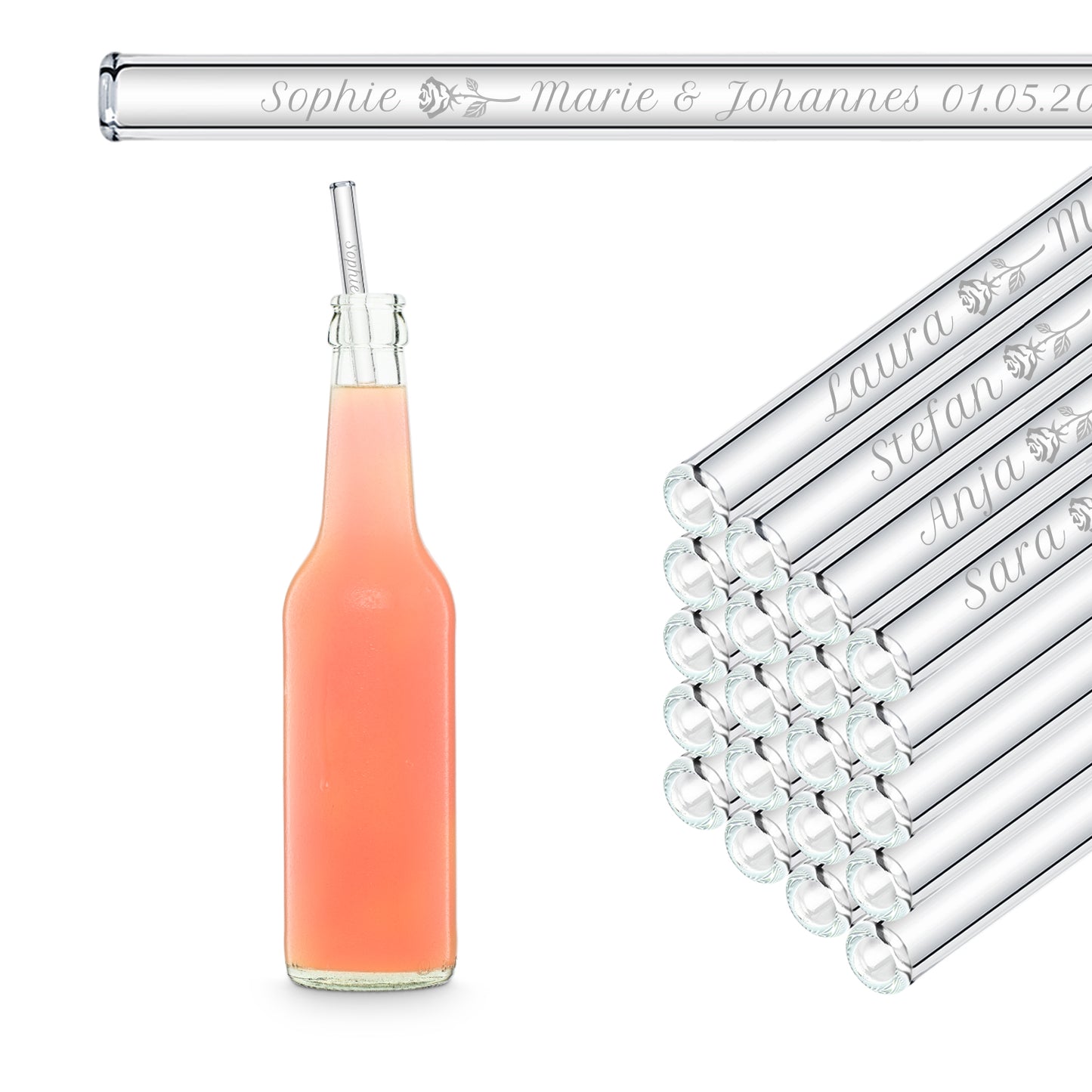10x Gravierte Glasstrohhalme mit Gastnamen personalisiert Gastgeschenke Hochzeit