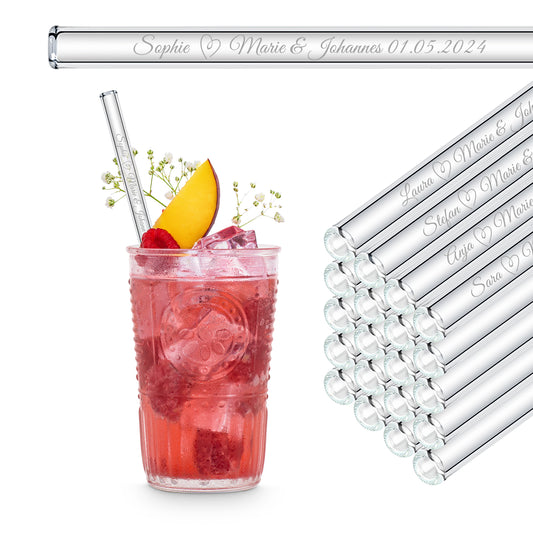 Personalized Wedding Favors - 10x Engraved Glass Straws with Guest Names