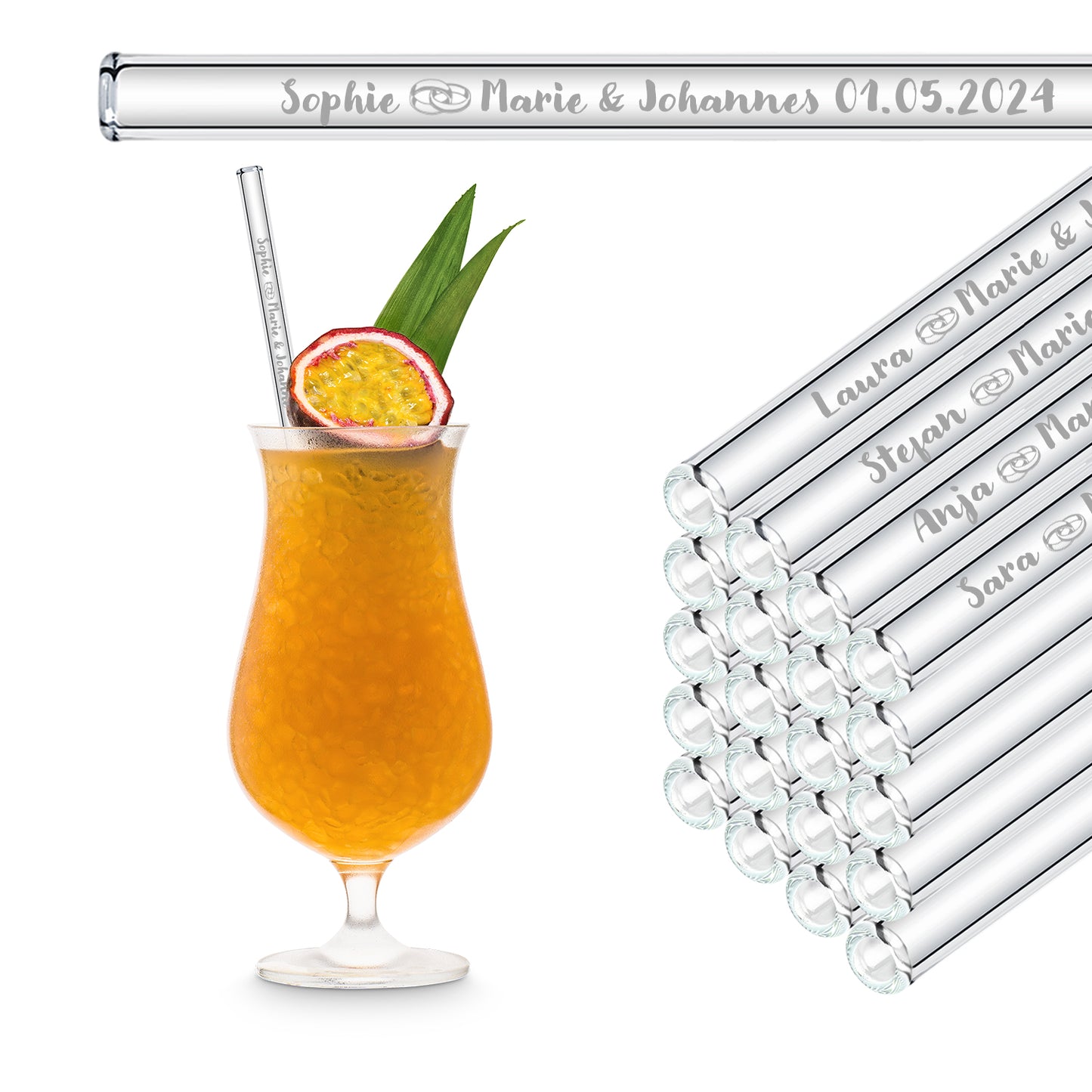 Personalized Wedding Favors - 50x Engraved Glass Straws with Guest Names